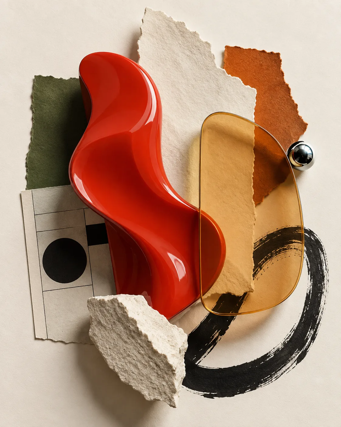 Composition: vermilion, amber, and torn paper in Kovani’s original material collage.